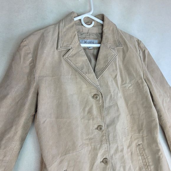 Vtg Wilsons Leather MAXIMA Womens XL Tan Long Coat Jacket Lined Button - Picture 1 of 12